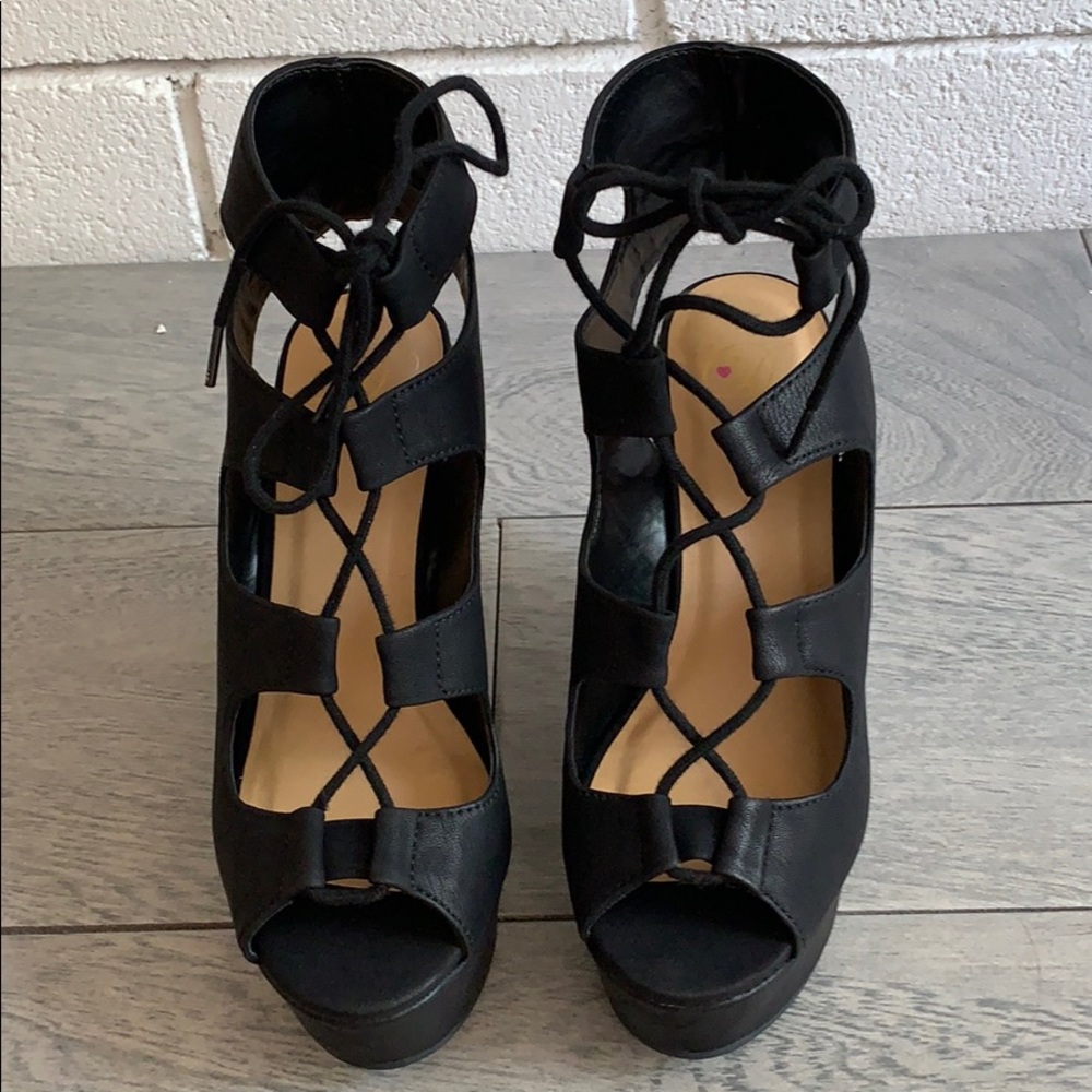 Black Faux Leather Open Toe Lace Up Platform Wedge - Picture 3 of 7